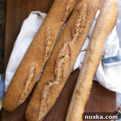 Artisan Whole Wheat Sourdough Baguettes 6 whole wheat sourdough baguettes made from freshly milled flour on a cutting board with a kitchen towel