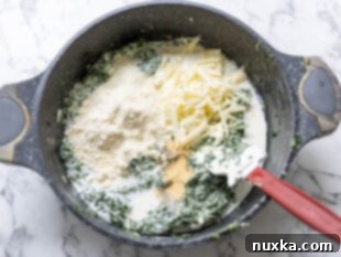 Adding cheeses, heavy cream, salt, pepper, and garlic powder to spinach mixture