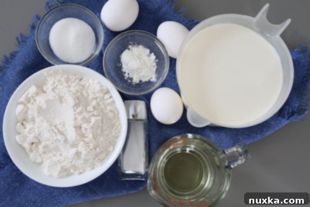 ingredients for crepes laid out on a table