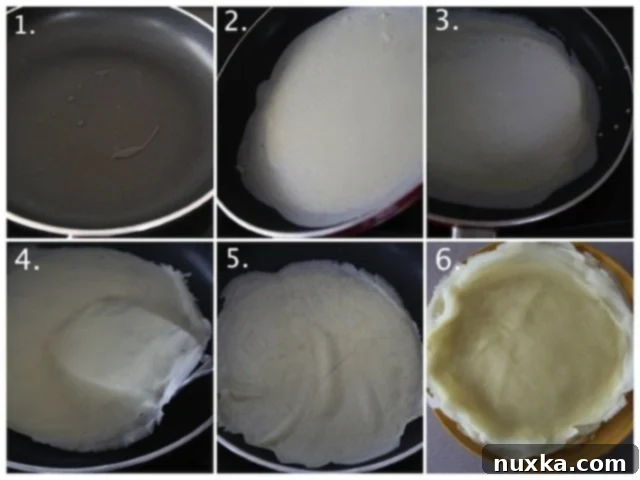 ladling crepe batter onto hot pan