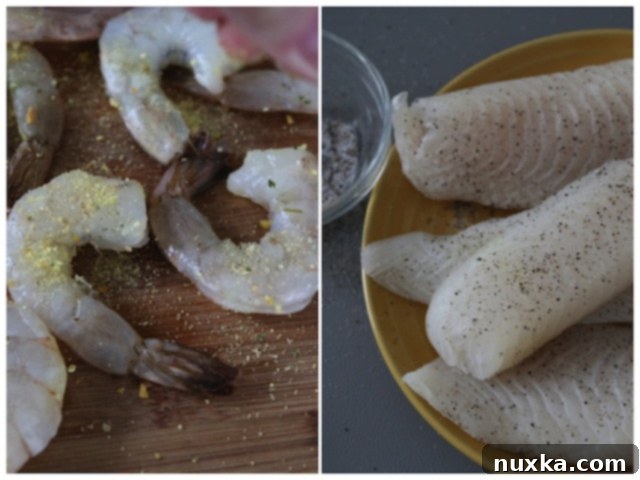 Seasoned shrimp and tilapia fillets ready for cooking.
