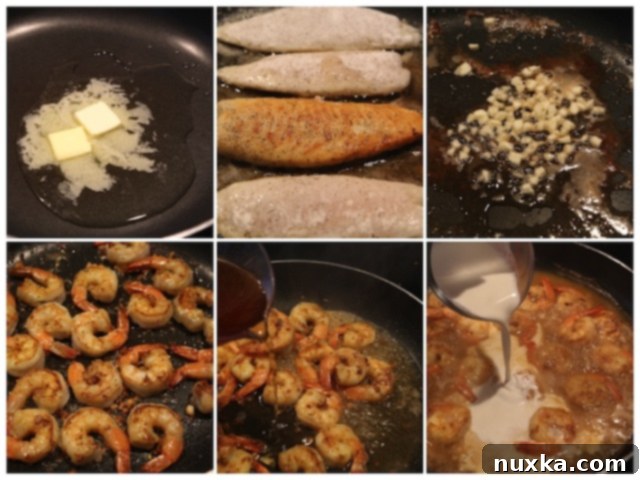 Shrimp and garlic cooking in the skillet with wine reducing for the sauce.