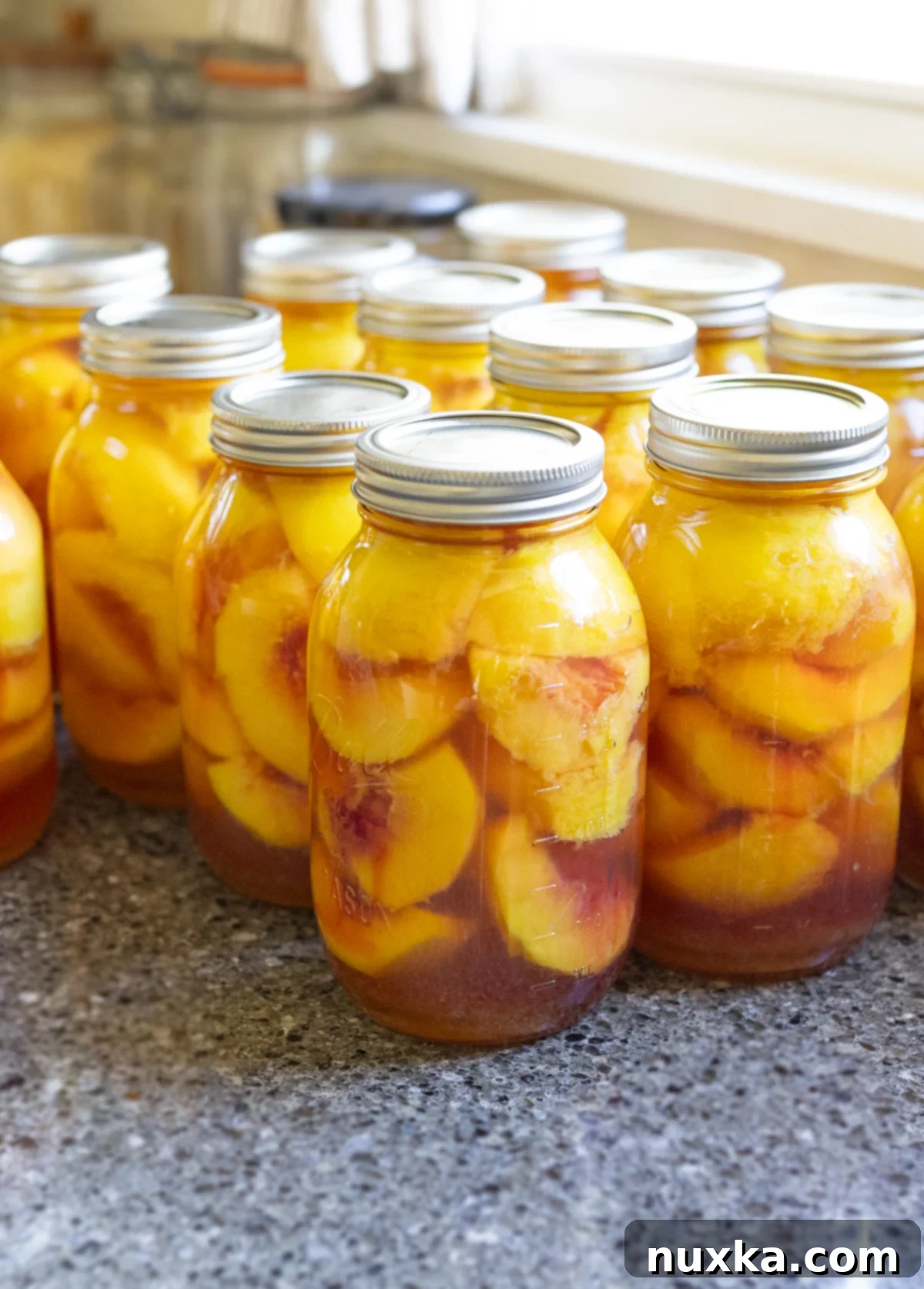 delicious homemade canned peaches in a glass jar, ready for the pantry