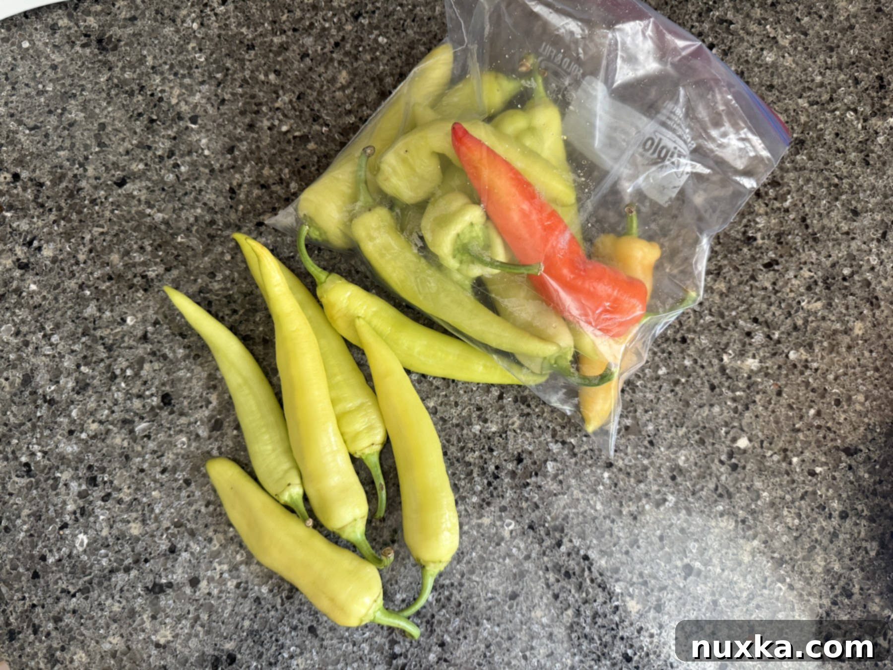 A bag of freshly harvested banana peppers, indicating readiness for pickling.