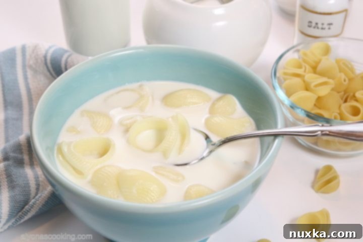Delicious and comforting Pasta with Milk, also known as Molochne or Milk Soup, served in a bowl.