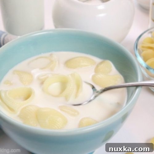 A bowl of Molochne, Russian milk soup with pasta.