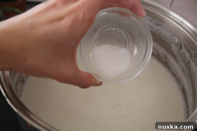 Step 4: Salt being added to the cooking milk and pasta mixture.