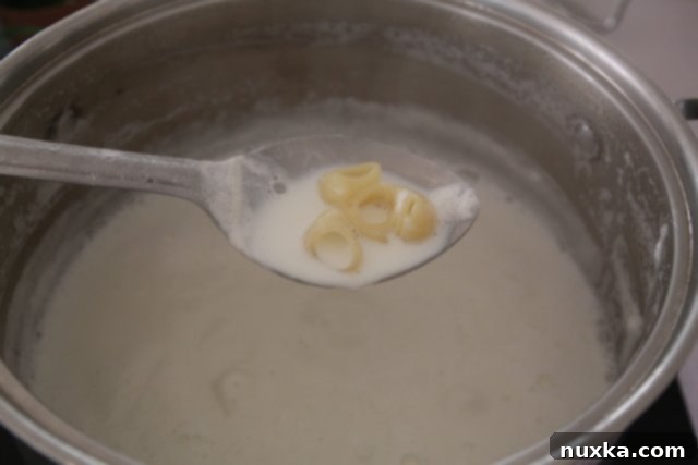 Step 5: The pasta cooking in the milk, nearing the perfect al dente stage for Molochne.