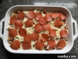 Assembled and ready to bake pizza casserole