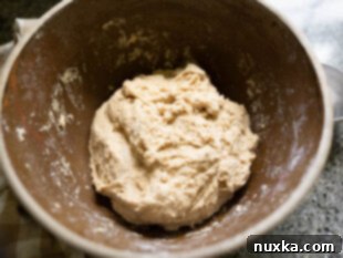 Whole wheat English muffin dough rising in a mixing bowl