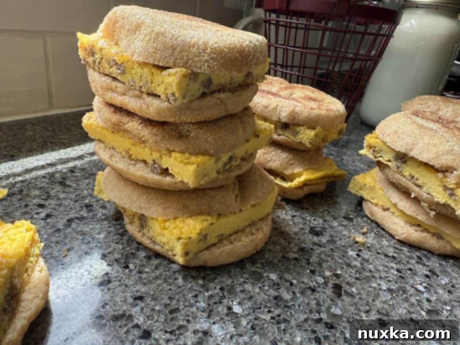 Wholesome Whole Wheat English Muffins 9 Homemade Whole Wheat English Muffin breakfast sandwiches made from sheet pan eggs, topped with crumbled sausage