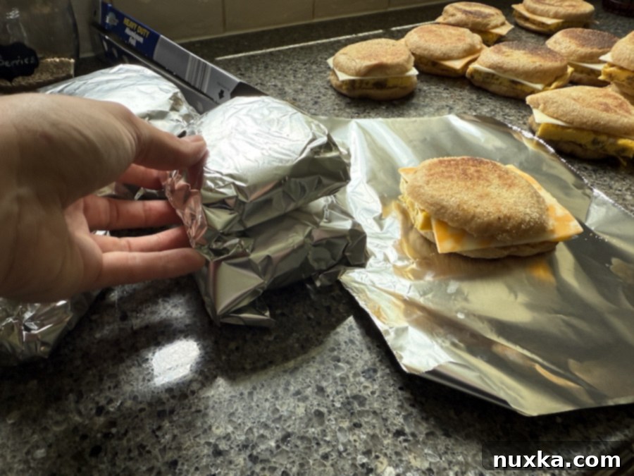 A collection of homemade whole wheat English muffin breakfast sandwiches being prepared for freezing, individually wrapped for convenience