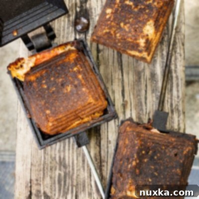 Image of Mountain pies in a mountain pie maker on a picnic table (pizza sandwich, ham and cheese sandwich, and breakfast ham, egg, and cheese sandwich)