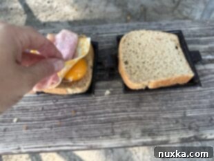 image of breakfast mountain pie sandwich (whole wheat bread, egg, ham, and cheese)