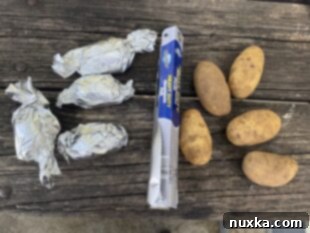 image of ingredients and equipment for campfire baked potatoes