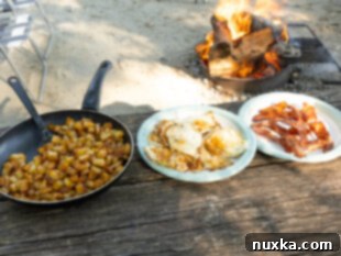 image of breakfast potatoes on a picnic table ready to be served