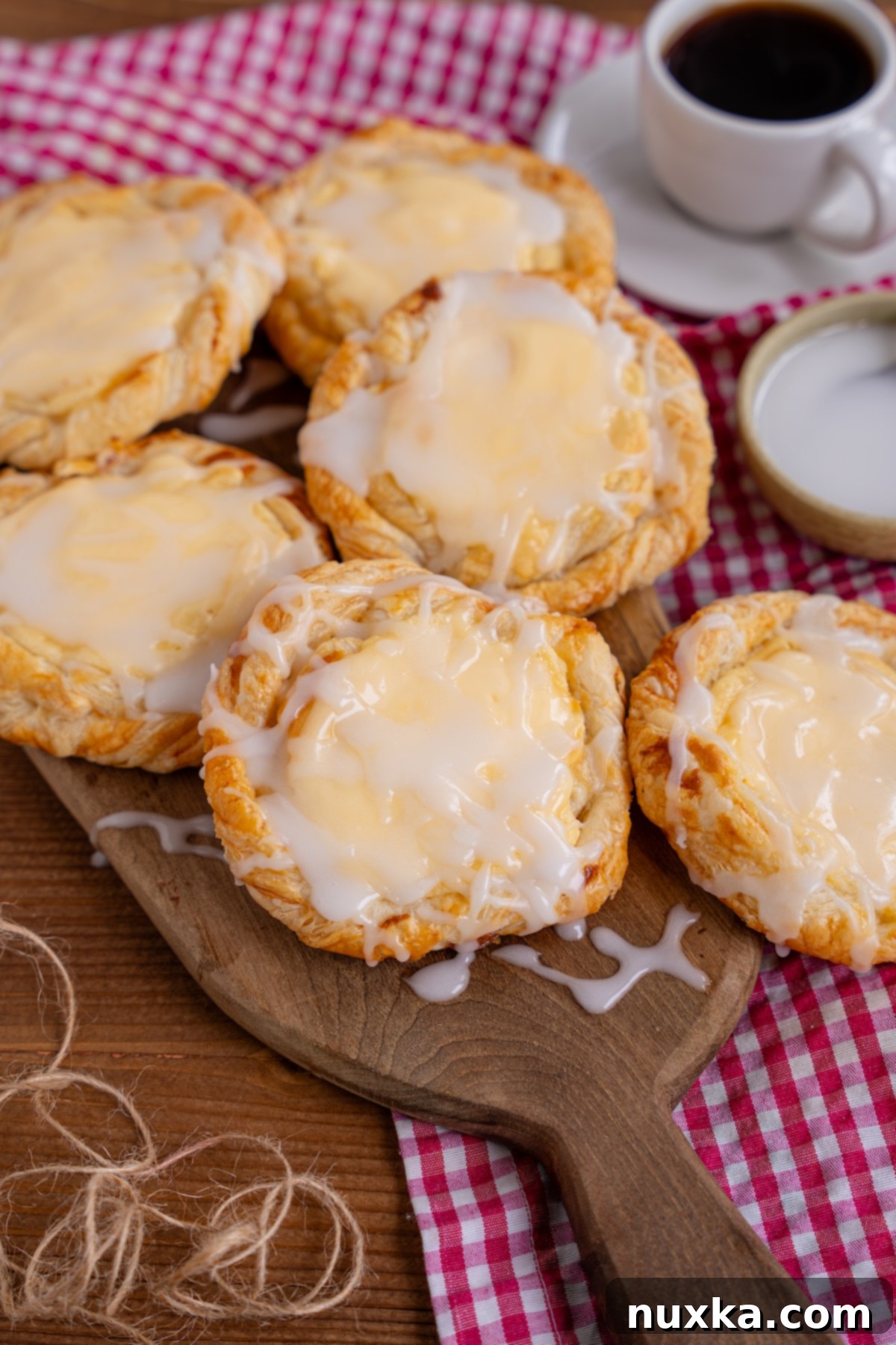 Multiple easy cheese danish pastries arranged on a white serving dish, showcasing the creamy filling