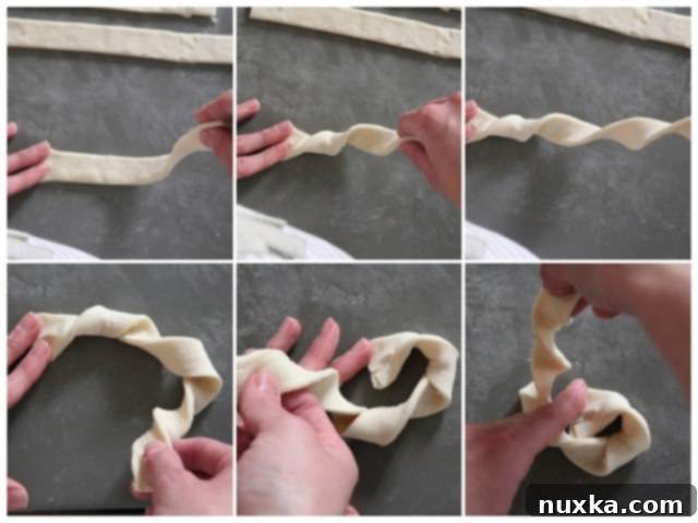 Forming puff pastry "nests" for cream cheese filling, showing a single twisted spiral