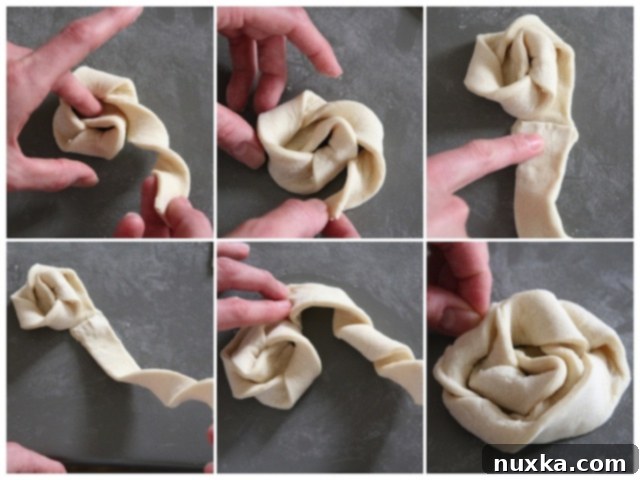 Puff pastry tutorial showing how to attach a second strip and continue forming "nests"
