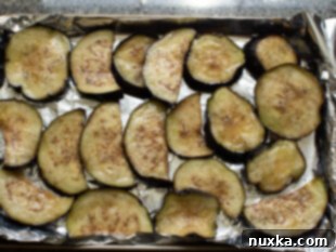 Arranging seasoned eggplant slices on a baking sheet for roasting