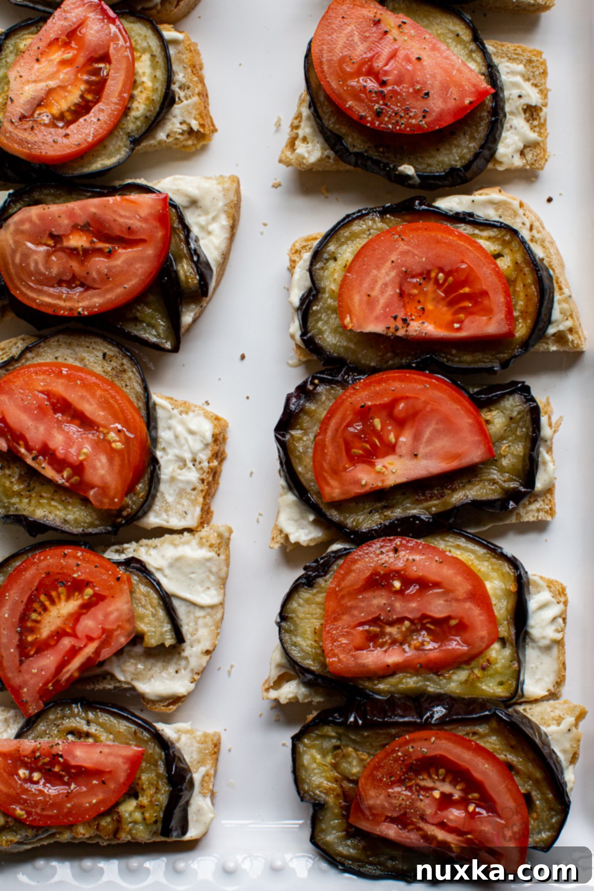 Open-faced eggplant sandwich with roasted eggplant, tomato, and garlic aioli on homemade bread