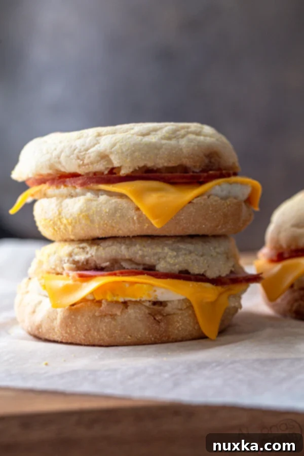 Freezer breakfast sandwiches featuring homemade egg patties, inspired by McDonald's Egg McMuffin