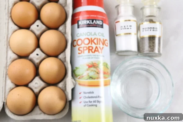 Simple ingredients for making egg patties: eggs, water, salt, and pepper