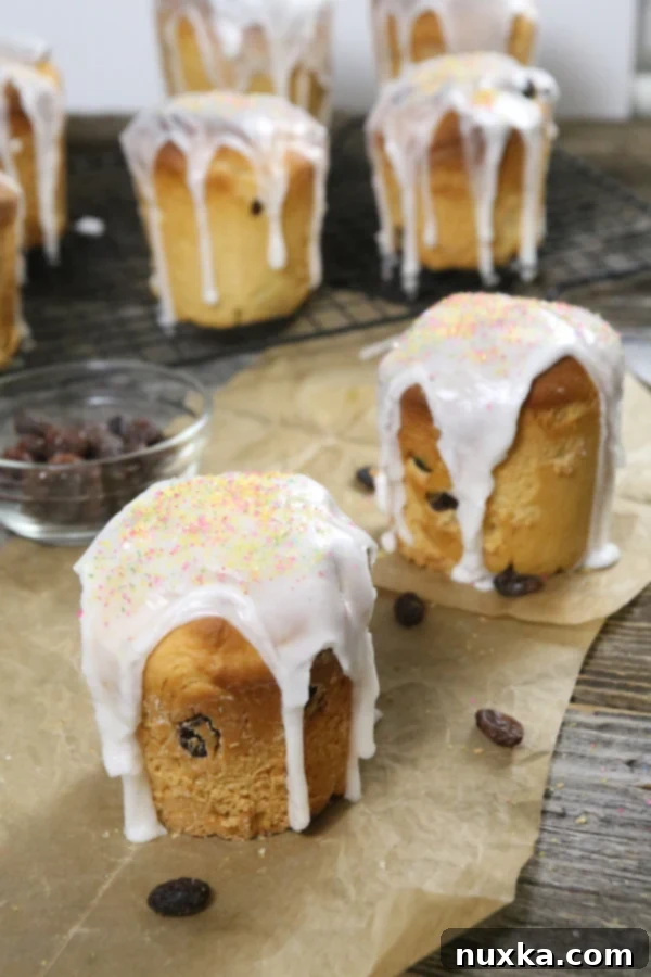 Delicious Mini Paska Easter Bread (Kulich) with glaze and sprinkles