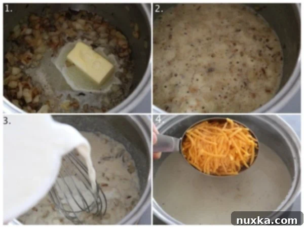 Creamy cheese sauce with hot dogs in a saucepan
