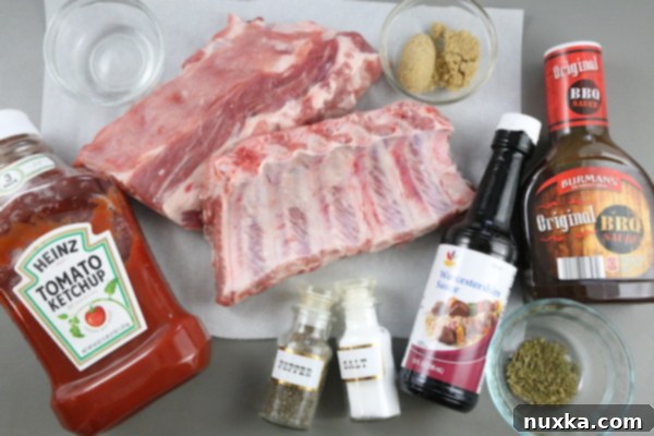 Ingredients for slow cooker BBQ ribs laid out