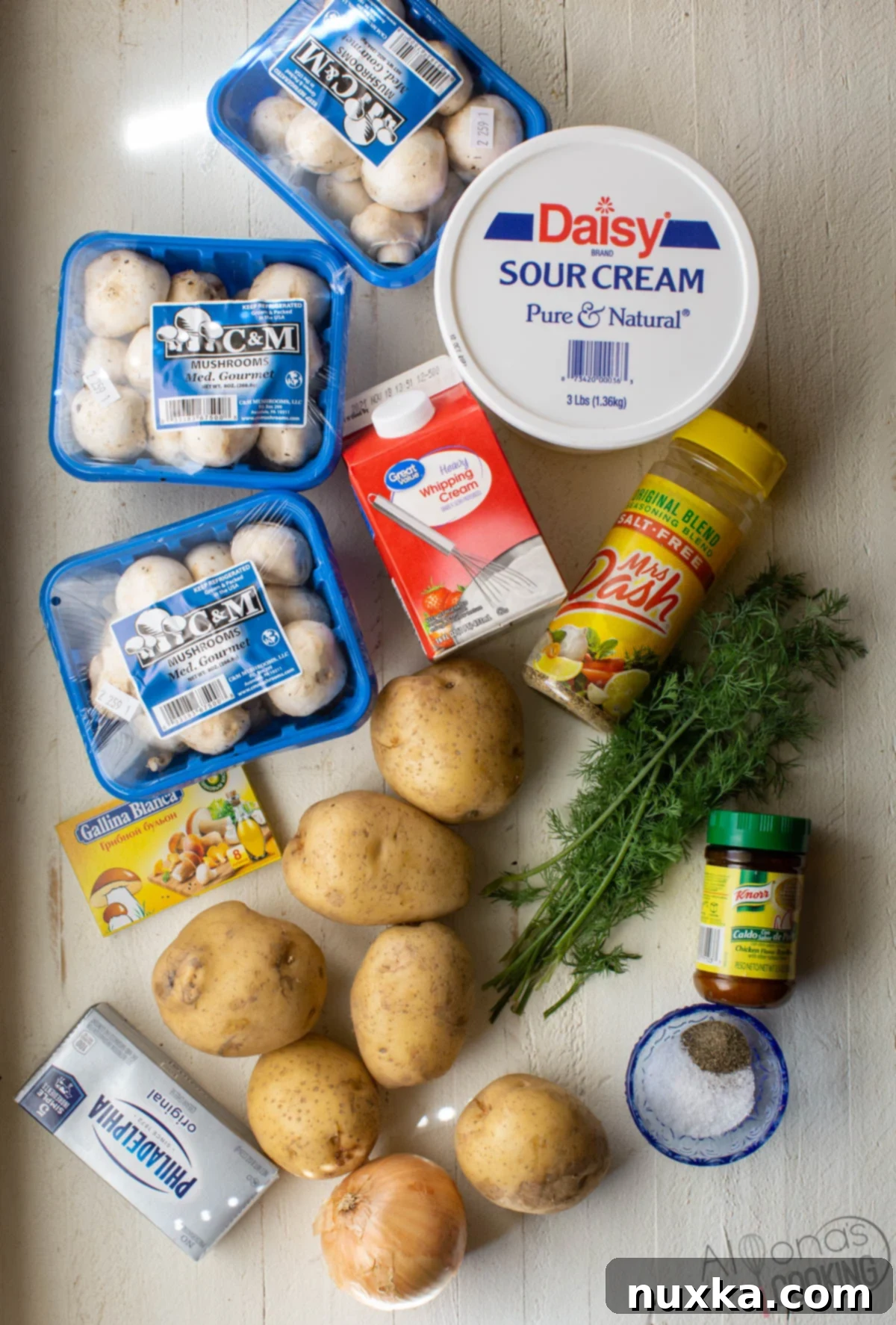 ingredients for homemade mushroom soup ingredients for homemade mushroom soup (white button mushrooms, carrot, onion, heavy cream, cream cheese, seasoning, bouillon, chicken broth, fresh dill)