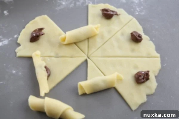 Progress of shaping Nutella Rugelach cookies
