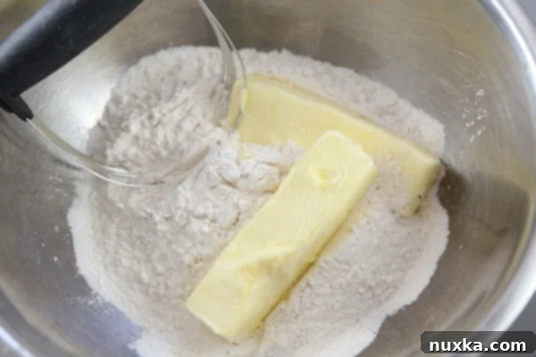 Cutting butter into flour for Rugelach dough in a bowl