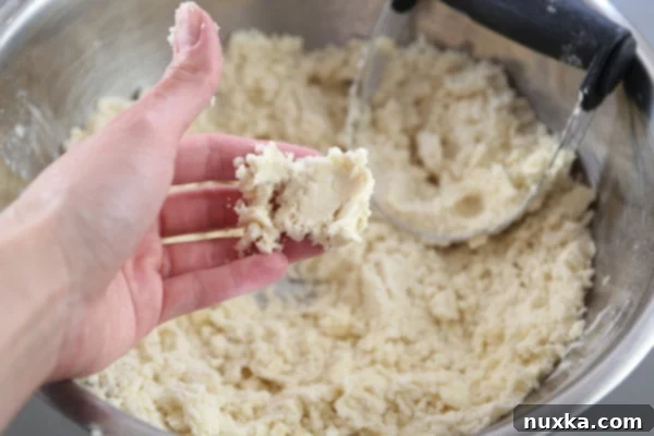 Flour and butter mixture forming clumps for Rogaliki dough