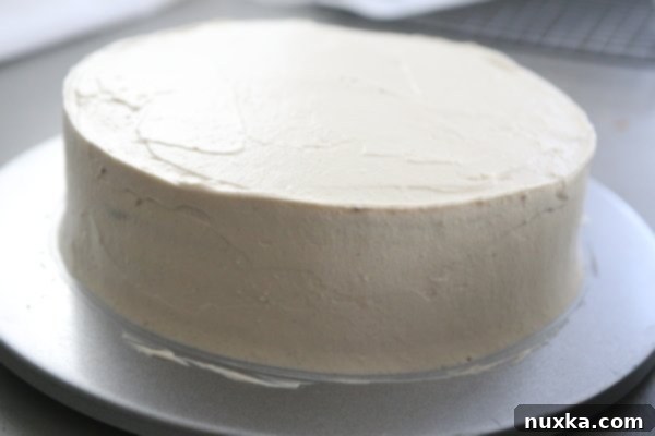 Finished layered cappuccino cake ready for ganache
