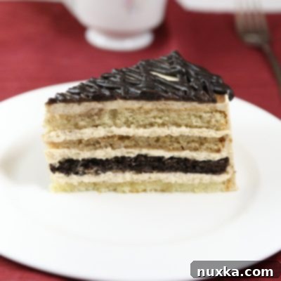 A stunning slice of layered cappuccino cake with mocha mousse