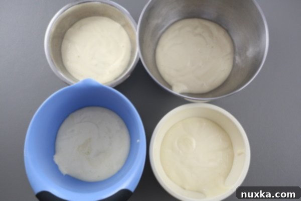 Dividing cake batter into four portions