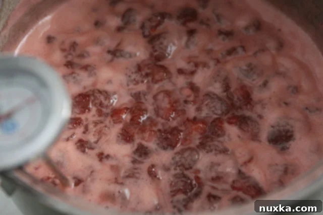 strawberry jam simmering in a pot