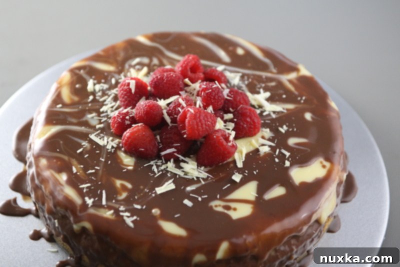 Double Chocolate Raspberry Cheesecake with ganache and fresh raspberries on a serving plate