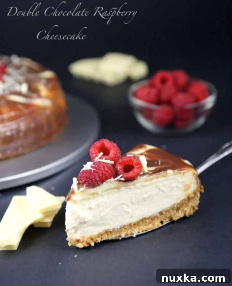 Double Chocolate Raspberry Cheesecake with berries on top, ready to serve