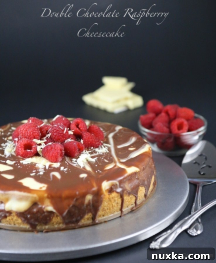 Close-up of a slice of Double Chocolate Raspberry Cheesecake