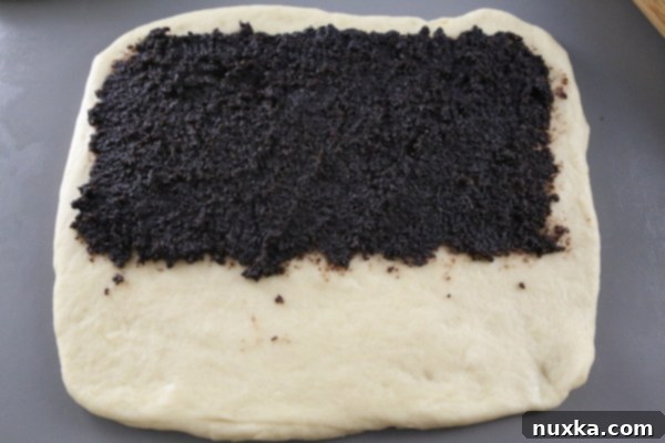 Poppy seed filling spread on sweet yeast dough