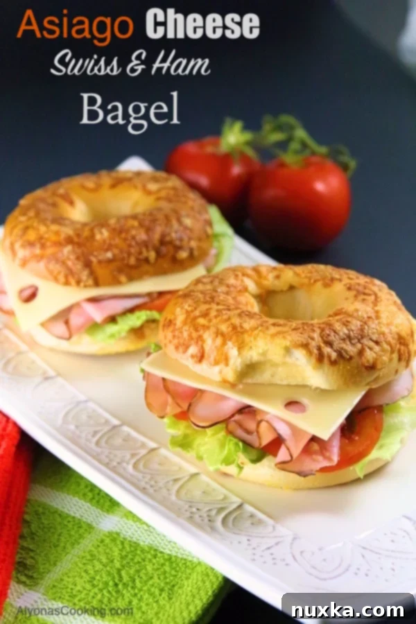Asiago Cheese Bagel Sandwich with Ham and Swiss