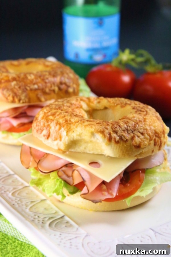 Close-up of Asiago Cheese Bagel Sandwich with Ham and Swiss