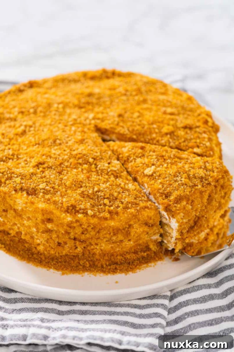 Honey Cake Medovik made with thin sponge cake layers, adorned with cake crumbs and a honey dipper, ready to be served