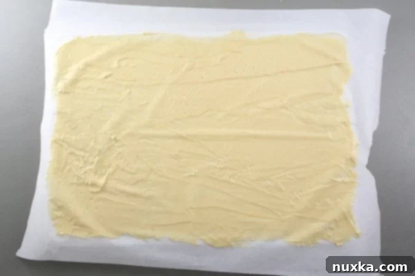 how to spread a Russian honey cake batter on the bake of a baking sheet with parchment paper A thin layer of Russian honey cake batter perfectly spread on parchment paper on an inverted baking sheet, demonstrating precise technique