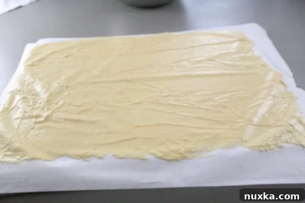how to make a Russian honey cake sponge cake batter Another view of the thin, even spread of Russian honey cake batter on parchment paper, illustrating the correct consistency for baking