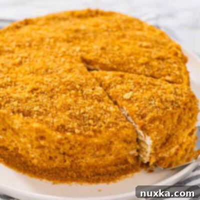 Russian Honey Cake 3 Beautifully layered Russian Honey Cake (Medovik) with sour cream frosting and crumb topping, ready to be sliced