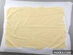 Thin honey cake batter spread over a sheet pan lined with parchment paper