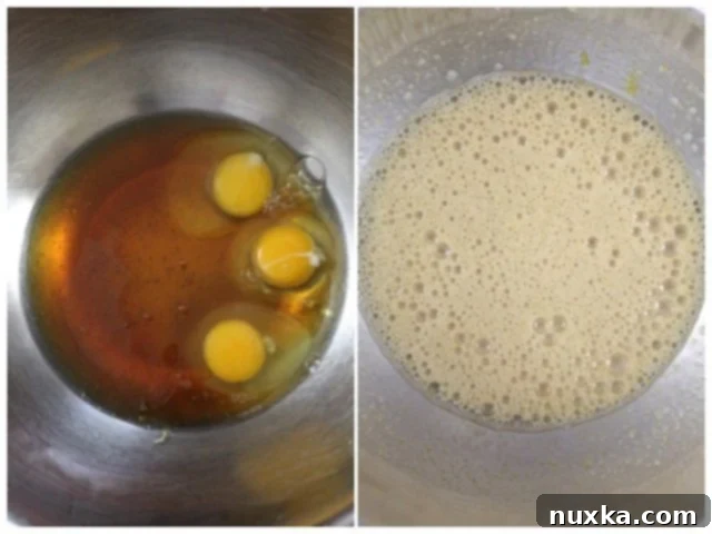 how to make Russian honey cake step-by-step of the way with a photo tutorial Eggs and honey being beaten together in a bowl until light and frothy, showing the initial step of making Russian honey cake batter